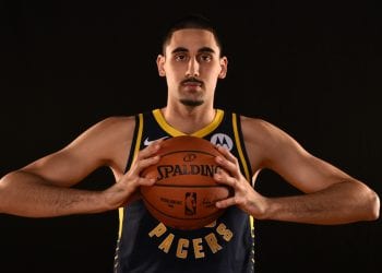 MADISON, NJ - AUGUST 11: Goga Bitadze #88 of the Indiana Pacers poses for a portrait during the 2019 NBA Rookie Photo Shoot on August 11, 2019 at the Fairleigh Dickinson University in Madison, New Jersey. NOTE TO USER: User expressly acknowledges and agrees that, by downloading and or using this photograph, User is consenting to the terms and conditions of the Getty Images License Agreement. Mandatory Copyright Notice: Copyright 2019 NBAE (Photo by Brian Babineau/NBAE via Getty Images)
