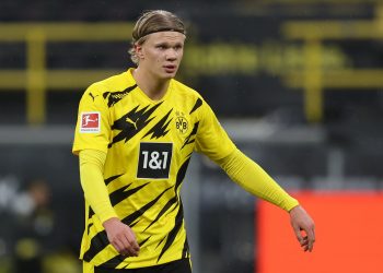 DORTMUND, GERMANY - JANUARY 03: Erling Haaland of Dortmund is seen during the Bundesliga match between Borussia Dortmund and VfL Wolfsburg at Signal Iduna Park on January 03, 2021 in Dortmund, Germany. (Photo by Lars Baron/Getty Images)