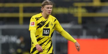 DORTMUND, GERMANY - JANUARY 03: Erling Haaland of Dortmund is seen during the Bundesliga match between Borussia Dortmund and VfL Wolfsburg at Signal Iduna Park on January 03, 2021 in Dortmund, Germany. (Photo by Lars Baron/Getty Images)