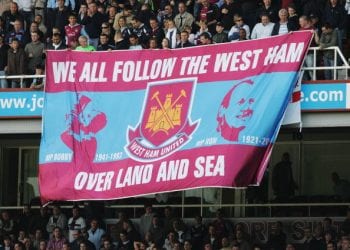 LONDON - MAY 05:  West Ham United fans unfurl a banner during the Barclays Premiership match between West Ham United and Bolton Wanderers at Upton Park on May 5, 2007 in London, England.  (Photo by Christopher Lee/Getty Images)