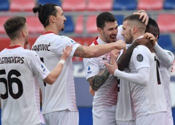 Ante Rebic of Milan celebrates with Zlatan Ibrahimovic, Alessio Romagnoli and Alexis Saelemaekers after scoring the 0-1 goal during the Serie A football match between Bologna FC and AC Milan at Renato Dall Ara stadium in Bologna Italy, January 30th, 2021. Photo Andrea Staccioli / Insidefoto andreaxstaccioli