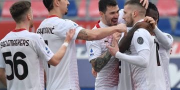 Ante Rebic of Milan celebrates with Zlatan Ibrahimovic, Alessio Romagnoli and Alexis Saelemaekers after scoring the 0-1 goal during the Serie A football match between Bologna FC and AC Milan at Renato Dall Ara stadium in Bologna Italy, January 30th, 2021. Photo Andrea Staccioli / Insidefoto andreaxstaccioli