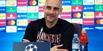 MARSEILLE, FRANCE - OCTOBER 26: Pep Guardiola, manager of Manchester City and Riyad Mahrez of Manchester City speak to the media via a virtual press conference at the Interncontinental Hotel on October 26, 2020 in Marseille, France. (Photo by Matt McNulty - Manchester City/Manchester City FC via Getty Images)