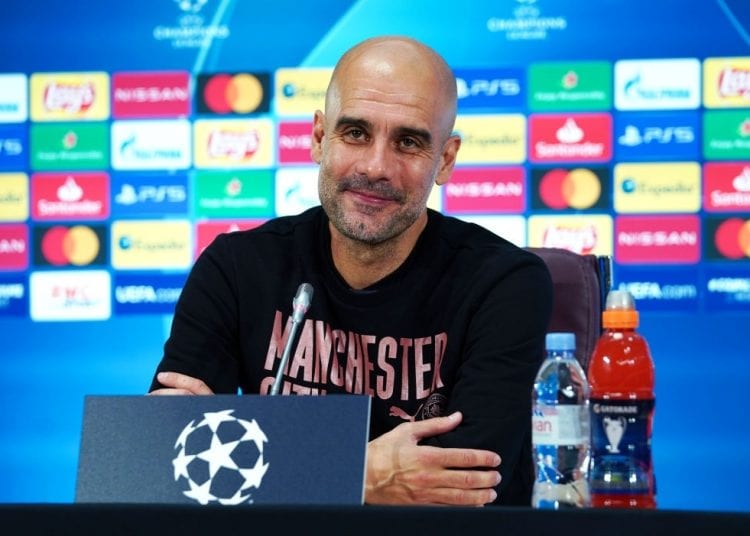 MARSEILLE, FRANCE - OCTOBER 26: Pep Guardiola, manager of Manchester City and Riyad Mahrez of Manchester City speak to the media via a virtual press conference at the Interncontinental Hotel on October 26, 2020 in Marseille, France. (Photo by Matt McNulty - Manchester City/Manchester City FC via Getty Images)