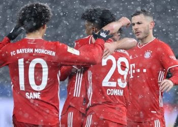 BERLIN, GERMANY - FEBRUARY 05: Kingsley Coman of Muenchen celebrates with his team mates after scoring his teams first goal during the Bundesliga match between Hertha BSC and FC Bayern Muenchen at Olympiastadion on February 05, 2021 in Berlin, Germany. (Photo by Boris Streubel/Getty Images)