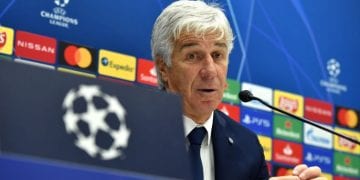 BERGAMO, ITALY - OCTOBER 27: Gian Piero Gasperini, Manager of Atalanta BC speaks to the media during a press conference after the UEFA Champions League Group D stage match between Atalanta BC and Ajax Amsterdam at Gewiss Stadium on October 27, 2020 in Bergamo, Italy. Football Stadiums around Europe remain empty due to the Coronavirus Pandemic as Government social distancing laws prohibit fans inside venues resulting in fixtures being played behind closed doors. (Photo by Tullio Puglia - UEFA/UEFA via Getty Images)