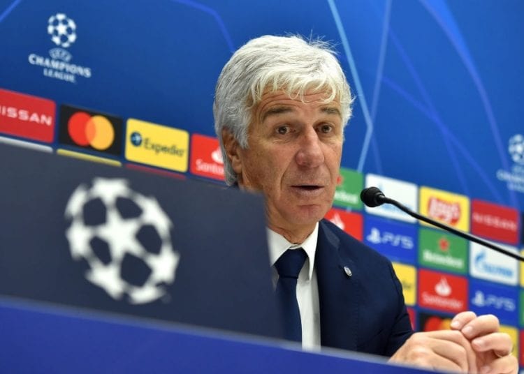 BERGAMO, ITALY - OCTOBER 27: Gian Piero Gasperini, Manager of Atalanta BC speaks to the media during a press conference after the UEFA Champions League Group D stage match between Atalanta BC and Ajax Amsterdam at Gewiss Stadium on October 27, 2020 in Bergamo, Italy. Football Stadiums around Europe remain empty due to the Coronavirus Pandemic as Government social distancing laws prohibit fans inside venues resulting in fixtures being played behind closed doors. (Photo by Tullio Puglia - UEFA/UEFA via Getty Images)