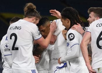 Leeds United's Brazilian midfielder Raphinha Dias Belloli (C) celebrates after he scores his team's third goal during the English Premier League football match between Leeds United and Southampton at Elland Road in Leeds, northern England on February 23, 2021. (Photo by Gareth Copley / POOL / AFP) / RESTRICTED TO EDITORIAL USE. No use with unauthorized audio, video, data, fixture lists, club/league logos or 'live' services. Online in-match use limited to 120 images. An additional 40 images may be used in extra time. No video emulation. Social media in-match use limited to 120 images. An additional 40 images may be used in extra time. No use in betting publications, games or single club/league/player publications. /  (Photo by GARETH COPLEY/POOL/AFP via Getty Images)