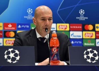 BERGAMO, ITALY - FEBRUARY 24: Zinedine Zidane, Head Coach of Real Madrid speaks during a press conference after the UEFA Champions League Round of 16 match between Atalanta and Real Madrid at Gewiss Stadium on February 24, 2021 in Bergamo, Italy. Sporting stadiums around Italy remain under strict restrictions due to the Coronavirus Pandemic as Government social distancing laws prohibit fans inside venues resulting in games being played behind closed doors. (Photo by Tullio Puglia - UEFA/UEFA via Getty Images )