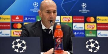 BERGAMO, ITALY - FEBRUARY 24: Zinedine Zidane, Head Coach of Real Madrid speaks during a press conference after the UEFA Champions League Round of 16 match between Atalanta and Real Madrid at Gewiss Stadium on February 24, 2021 in Bergamo, Italy. Sporting stadiums around Italy remain under strict restrictions due to the Coronavirus Pandemic as Government social distancing laws prohibit fans inside venues resulting in games being played behind closed doors. (Photo by Tullio Puglia - UEFA/UEFA via Getty Images )