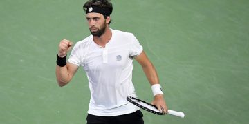 August 29, 2018 - Nikoloz Basilashvili in action against Jack Sock during the 2018 US Open.