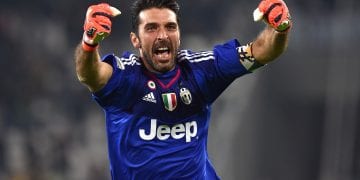 TURIN, ITALY - OCTOBER 31:  Gianluigi Buffon of Juventus FC celebrates after his team-mate  Juan Cuadrado scored the victory goal during the Serie A match between Juventus FC and Torino FC at Juventus Arena on October 31, 2015 in Turin, Italy.  (Photo by Valerio Pennicino/Getty Images)
