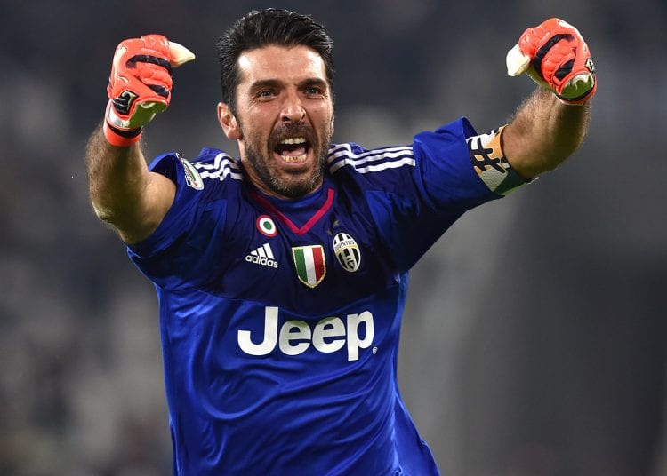 TURIN, ITALY - OCTOBER 31:  Gianluigi Buffon of Juventus FC celebrates after his team-mate  Juan Cuadrado scored the victory goal during the Serie A match between Juventus FC and Torino FC at Juventus Arena on October 31, 2015 in Turin, Italy.  (Photo by Valerio Pennicino/Getty Images)