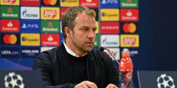 ROME, ITALY - FEBRUARY 23: Hans-Dieter Flick, Manager of FC Bayern Muenchen speaks in a press conference after the UEFA Champions League Round of 16 match between Lazio Roma and Bayern München at Olimpico Stadium on February 23, 2021 in Rome, Italy. Sporting stadiums around Italy remain under strict restrictions due to the Coronavirus Pandemic as Government social distancing laws prohibit fans inside venues resulting in games being played behind closed doors. (Photo by Tullio Puglia - UEFA/UEFA via Getty Images)
