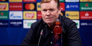 BARCELONA, SPAIN - FEBRUARY 16: Head Coach Ronald Koeman of FC Barcelona attends the media during the press conference following the UEFA Champions League Round of 16 match between FC Barcelona and Paris Saint-Germain at Camp Nou on February 16, 2021 in Barcelona, Spain. Sporting stadiums around Spain remain under strict restrictions due to the Coronavirus Pandemic as Government social distancing laws prohibit fans inside venues resulting in games being played behind closed doors.  (Photo by Alex Caparros - UEFA/UEFA via Getty Images)