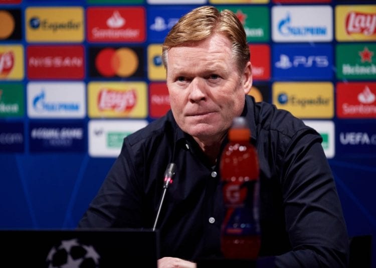 BARCELONA, SPAIN - FEBRUARY 16: Head Coach Ronald Koeman of FC Barcelona attends the media during the press conference following the UEFA Champions League Round of 16 match between FC Barcelona and Paris Saint-Germain at Camp Nou on February 16, 2021 in Barcelona, Spain. Sporting stadiums around Spain remain under strict restrictions due to the Coronavirus Pandemic as Government social distancing laws prohibit fans inside venues resulting in games being played behind closed doors.  (Photo by Alex Caparros - UEFA/UEFA via Getty Images)