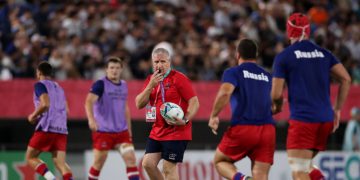 KUMAGAYA, JAPAN - SEPTEMBER 24: Lyn Jones, Head Coach of Russia gives his team instructions during the warm up prior to the Rugby World Cup 2019 Group A game between Russia and Samoa at Kumagaya Rugby Stadium on September 24, 2019 in Kumagaya, Saitama, Japan. (Photo by Cameron Spencer/Getty Images)