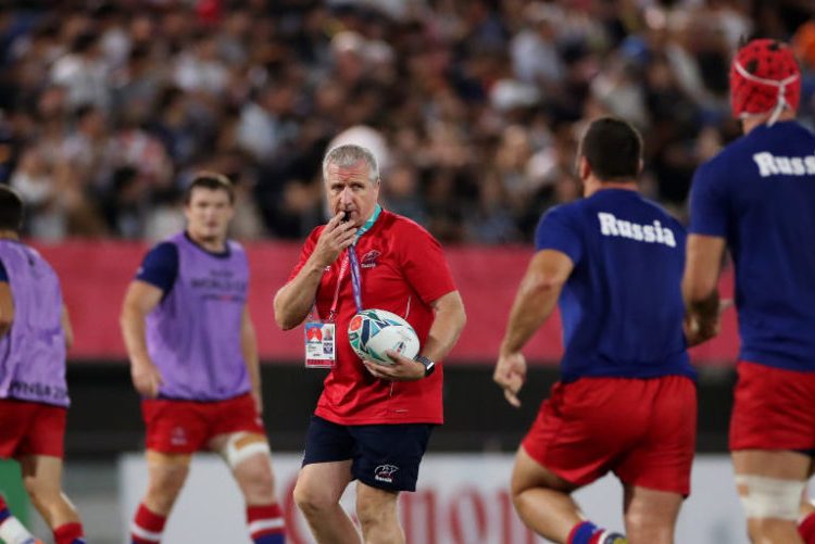KUMAGAYA, JAPAN - SEPTEMBER 24: Lyn Jones, Head Coach of Russia gives his team instructions during the warm up prior to the Rugby World Cup 2019 Group A game between Russia and Samoa at Kumagaya Rugby Stadium on September 24, 2019 in Kumagaya, Saitama, Japan. (Photo by Cameron Spencer/Getty Images)