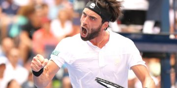 NEW YORK, NY - SEPTEMBER 02:  Nikoloz Basilashvili of Georgia celebrates during his men's singles fourth round match against Rafael Nadal of Spain on Day Seven of the 2018 US Open at the USTA Billie Jean King National Tennis Center on September 2, 2018 in the Flushing neighborhood of the Queens borough of New York City.  (Photo by Elsa/Getty Images)