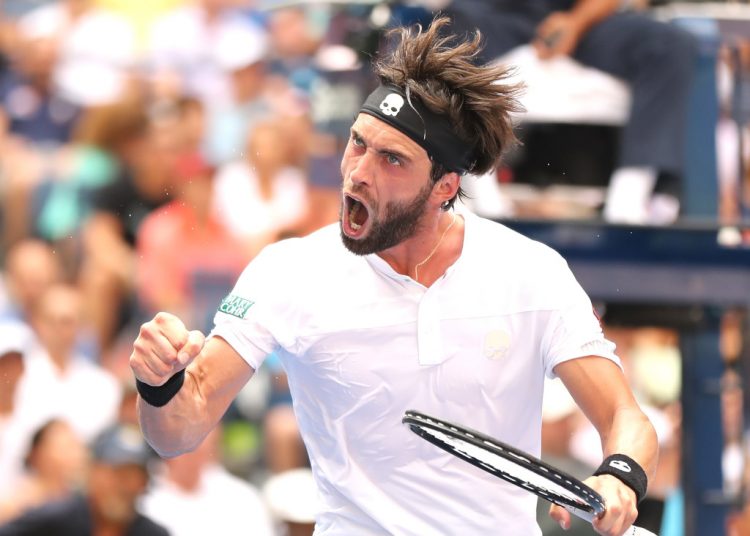 NEW YORK, NY - SEPTEMBER 02:  Nikoloz Basilashvili of Georgia celebrates during his men's singles fourth round match against Rafael Nadal of Spain on Day Seven of the 2018 US Open at the USTA Billie Jean King National Tennis Center on September 2, 2018 in the Flushing neighborhood of the Queens borough of New York City.  (Photo by Elsa/Getty Images)