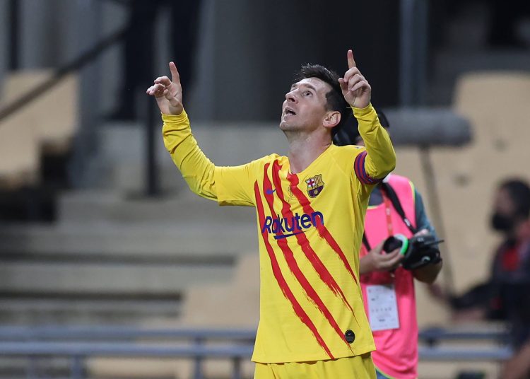 April 17, 2021, Sevilla, Spain: Lionel Messi of FC Barcelona, Barca celebrate a goal during the Copa Del Rey Final match between Athletic Club and FC Barcelona at Estadio de La Cartuja in Sevilla, Spain. .Sporting stadiums around Spain remain under strict restrictions due to the Coronavirus Pandemic as Government social distancing laws prohibit fans inside venues resulting in games being played behind closed doors. Sevilla Spain - ZUMAd159 20210417_zia_d159_086 Copyright: xJosexLuisxContrerasx