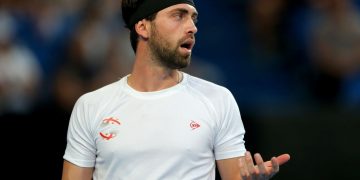 PERTH, AUSTRALIA - JANUARY 08: Nikoloz Basilashvili of Team Georgia complains to his team during day six of the 2020 ATP Cup Group Stage at RAC Arena on January 08, 2020 in Perth, Australia. (Photo by James Worsfold/Getty Images)