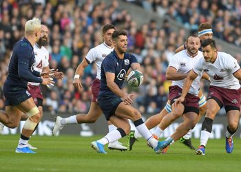 EDINBURGH, SCOTLAND - SEPTEMBER 06: Adam Hastings of Scotland passes during the rugby international match between Scotland and Georgia at Murrayfield on September 6, 2019 in Edinburgh, United Kingdom. (Photo by Levan Verdzeuli/Getty Images)