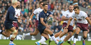 EDINBURGH, SCOTLAND - SEPTEMBER 06: Adam Hastings of Scotland passes during the rugby international match between Scotland and Georgia at Murrayfield on September 6, 2019 in Edinburgh, United Kingdom. (Photo by Levan Verdzeuli/Getty Images)