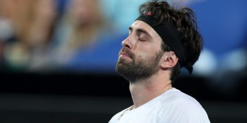 Nikoloz Basilashvili of Georgia reacts after losing a match point against Pablo Cuevas of Uruguay during day 6 of the ATP Cup tennis tournament at RAC Arena in Perth, Wednesday, January 8, 2020. (AAP Image/Gary Day) NO ARCHIVING, EDITORIAL USE ONLY ** STRICTLY EDITORIAL USE ONLY, NO COMMERCIAL USE, NO BOOKS **