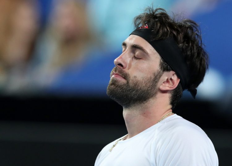Nikoloz Basilashvili of Georgia reacts after losing a match point against Pablo Cuevas of Uruguay during day 6 of the ATP Cup tennis tournament at RAC Arena in Perth, Wednesday, January 8, 2020. (AAP Image/Gary Day) NO ARCHIVING, EDITORIAL USE ONLY ** STRICTLY EDITORIAL USE ONLY, NO COMMERCIAL USE, NO BOOKS **
