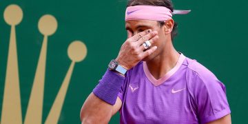 Spain's Rafael Nadal reacts during his third round singles match against Bulgaria's Grigor Dimitrov on day six of the Monte-Carlo ATP Masters Series tournament in Monaco on April 15, 2021.,Snímek: 605733386, Licence: Rights-managed, Restrikce: , Model Release: no, Credit line: Profimedia
