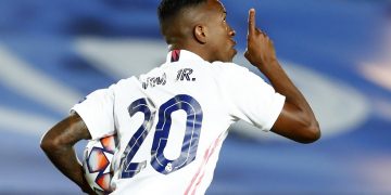 201021 Fotboll, Champions League Soccer Football - Champions League - Group B - Real Madrid v Shakhtar Donetsk - Estadio Alfredo Di Stefano, Madrid, Spain - October 21, 2020 Real Madrid's Vinicius Junior celebrates scoring their second goal REUTERS/Juan Medina
 © Bildbyrån - COP 7 - SWEDEN ONLY