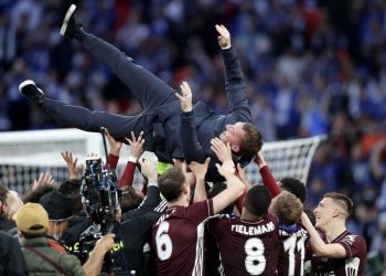 Leicester City manager Brendan Rodgers is thrown into the air as his players celebrate winning the Emirates FA Cup Final at Wembley Stadium, London. Picture date: Saturday May 15, 2021. (Photo by Kirsty Wigglesworth/PA Images via Getty Images)