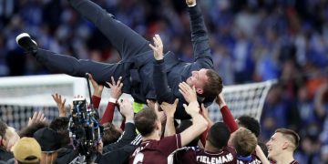 Leicester City manager Brendan Rodgers is thrown into the air as his players celebrate winning the Emirates FA Cup Final at Wembley Stadium, London. Picture date: Saturday May 15, 2021. (Photo by Kirsty Wigglesworth/PA Images via Getty Images)