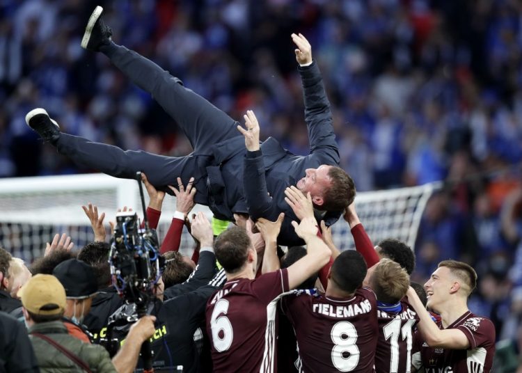 Leicester City manager Brendan Rodgers is thrown into the air as his players celebrate winning the Emirates FA Cup Final at Wembley Stadium, London. Picture date: Saturday May 15, 2021. (Photo by Kirsty Wigglesworth/PA Images via Getty Images)
