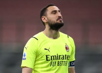 MILAN, ITALY - MAY 16: Gianluigi Donnarumma of AC Milan reacts during the Serie A match between AC Milan and Cagliari Calcio at Stadio Giuseppe Meazza on May 16, 2021 in Milan, Italy. (Photo by Jonathan Moscrop/Getty Images)
