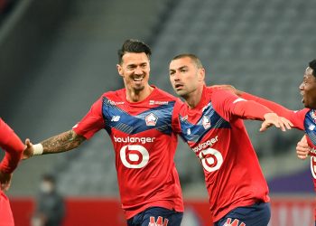 Lille's  Forward Burak Yilmaz celebrates a goal during the French L1 football match between Lille (LOSC) and Nice at the Pierre-Mauroy Stadium in Villeneuve d'Ascq, near Lille, northern France, on May 1, 2021. (Photo by DENIS CHARLET / AFP) (Photo by DENIS CHARLET/AFP via Getty Images)