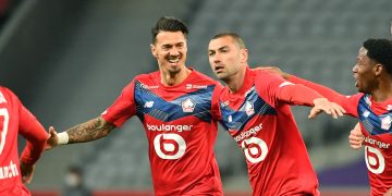Lille's  Forward Burak Yilmaz celebrates a goal during the French L1 football match between Lille (LOSC) and Nice at the Pierre-Mauroy Stadium in Villeneuve d'Ascq, near Lille, northern France, on May 1, 2021. (Photo by DENIS CHARLET / AFP) (Photo by DENIS CHARLET/AFP via Getty Images)