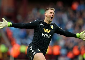 BIRMINGHAM, ENGLAND - OCTOBER 19: Tom Heaton of Aston Villa celebrates his team's second goal during the Premier League match between Aston Villa and Brighton & Hove Albion at Villa Park on October 19, 2019 in Birmingham, United Kingdom. (Photo by Alex Livesey/Getty Images)