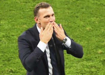 Ukraine's manager Andriy Shevchenko celebrates victory after the Euro 2020 soccer championship round of 16 match between Sweden and Ukraine at Hampden Park stadium in Glasgow, Tuesday, June 29, 2021.(AP Photo/Andy Buchanan, Pool) Britain Sweden Ukraine Euro 2020 Soccer