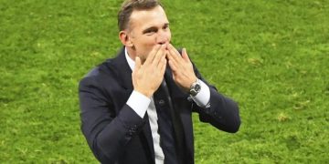 Ukraine's manager Andriy Shevchenko celebrates victory after the Euro 2020 soccer championship round of 16 match between Sweden and Ukraine at Hampden Park stadium in Glasgow, Tuesday, June 29, 2021.(AP Photo/Andy Buchanan, Pool) Britain Sweden Ukraine Euro 2020 Soccer