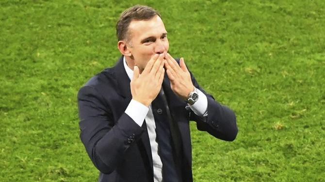 Ukraine's manager Andriy Shevchenko celebrates victory after the Euro 2020 soccer championship round of 16 match between Sweden and Ukraine at Hampden Park stadium in Glasgow, Tuesday, June 29, 2021.(AP Photo/Andy Buchanan, Pool) Britain Sweden Ukraine Euro 2020 Soccer