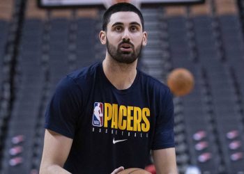 Feb 23, 2020; Toronto, Ontario, CAN; Indiana Pacers center Goga Bitadze (88) warms up against the Toronto Raptors at Scotiabank Arena. Mandatory Credit: Nick Turchiaro-USA TODAY Sports