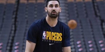 Feb 23, 2020; Toronto, Ontario, CAN; Indiana Pacers center Goga Bitadze (88) warms up against the Toronto Raptors at Scotiabank Arena. Mandatory Credit: Nick Turchiaro-USA TODAY Sports