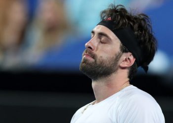 Nikoloz Basilashvili of Georgia reacts after losing a match point against Pablo Cuevas of Uruguay during day 6 of the ATP Cup tennis tournament at RAC Arena in Perth, Wednesday, January 8, 2020. (AAP Image/Gary Day) NO ARCHIVING, EDITORIAL USE ONLY ** STRICTLY EDITORIAL USE ONLY, NO COMMERCIAL USE, NO BOOKS **