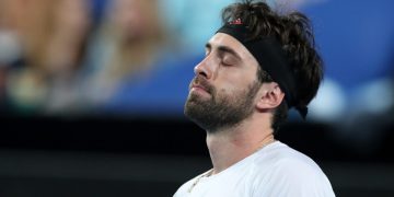 Nikoloz Basilashvili of Georgia reacts after losing a match point against Pablo Cuevas of Uruguay during day 6 of the ATP Cup tennis tournament at RAC Arena in Perth, Wednesday, January 8, 2020. (AAP Image/Gary Day) NO ARCHIVING, EDITORIAL USE ONLY ** STRICTLY EDITORIAL USE ONLY, NO COMMERCIAL USE, NO BOOKS **