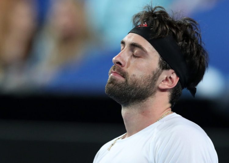 Nikoloz Basilashvili of Georgia reacts after losing a match point against Pablo Cuevas of Uruguay during day 6 of the ATP Cup tennis tournament at RAC Arena in Perth, Wednesday, January 8, 2020. (AAP Image/Gary Day) NO ARCHIVING, EDITORIAL USE ONLY ** STRICTLY EDITORIAL USE ONLY, NO COMMERCIAL USE, NO BOOKS **