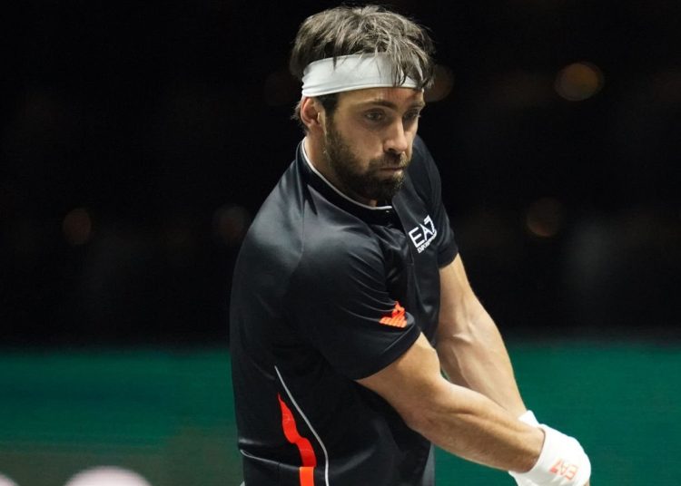 ROTTERDAM, THE NETHERLANDS - FEBRUARY 7 : Nikoloz Basilashvili of Georgia during 49th ABN AMRO World Tennis Tournement 2022 at Ahoy on February 7, 2022 in Rotterdam, The Netherlands (Photo by Henk Seppen/BSR Agency/Getty Images)